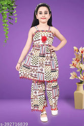 White cotton blend colorblocked Rajasthani printed top with palazzo and matching dupatta for girls aged 1-7 years, showcasing traditional Indian style